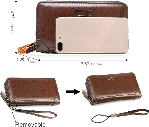 Miniatura 5 de Bolso de mano para hombre bolso de cuero genuino con cremallera cartera larga para negocios bolso de mano grande