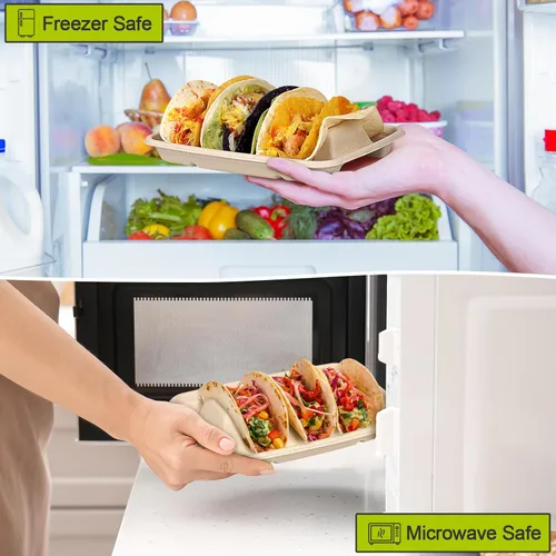 Miniatura 6 de Paquete de 100 soportes desechables para tacos, platos desechables para tacos con divisores, bandejas de papel compostable, juego de servir barra