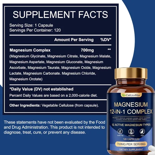 Miniatura 2 de Complejo 12 en 1 de magnesio 700 mg, con glicinato y citrato, suplemento vegano para el bienestar diario, 120 cápsulas (1)