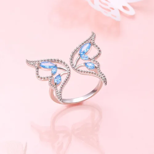 Miniatura 5 de DAOCHONG Anillos de mariposa con circonita cúbica azul y plata de ley 925 para mujeres y niñas, Plata, Zirconia cúbica