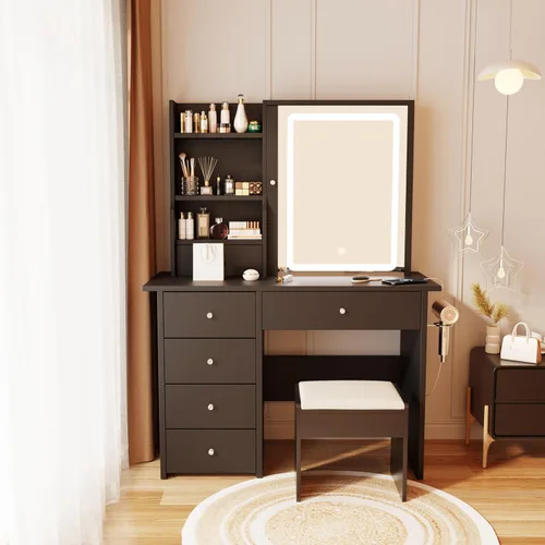 Miniatura 8 de DYHOME Escritorio de maquillaje con espejo de luces LED, 3 modos ajustables y tomas de corriente, mesa de tocador con 6 cajones y banco, escritorio