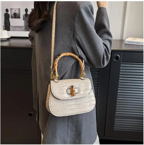 Miniatura 4 de Bolso de mano de cuero artificial de bambú con asa superior para mujer, elegante bolso de noche, regalo para mujer, hecho a mano