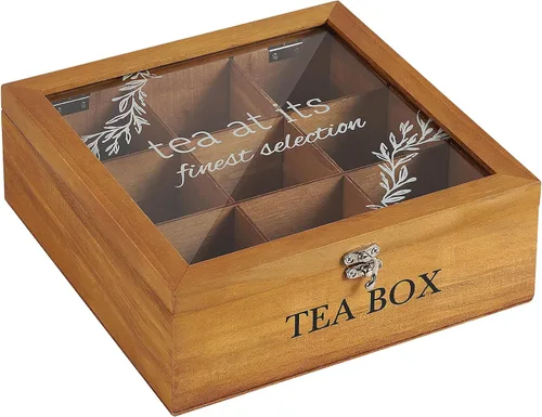 Miniatura 9 de Caja de té, almacenamiento de bolsas de té, organizador de bolsas de té de bambú, baúl moderno con 9 compartimentos y cubierta transparente
