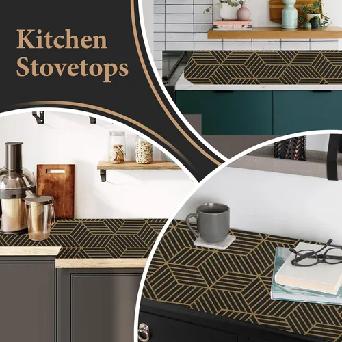 Miniatura 6 de Lámina para revestir estantes de cocina, cajones y alacenas, gruesa, antideslizante, sin adhesivo y fácil de limpiar, incluye cuchillo y cinta Dorado