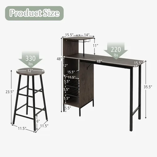 Miniatura 7 de Giantex Juego de mesa de bar y taburetes de 3 piezas, juego de mesa de bistró con soporte para vidrio, estante de vino de 2 niveles y estantes
