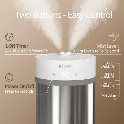 Miniatura 3 de Humidificador de acero inoxidable, humidificador ultrasónico de niebla fría de 4 litros con solo 3 piezas, fácil de limpiar, humidificador