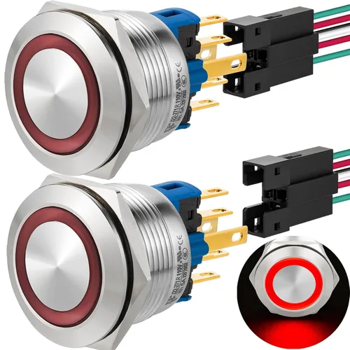 Miniatura 21 de 2 interruptores de botón de cierre de 0.866 in, 7/8 pulgadas, 110 V-120 V, SPDT, interruptor de encendido y apagado, impermeable, IP67, acero Azul
