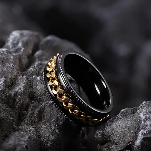 Miniatura 5 de FIBO STEEL - Anillos de acero inoxidable de 8mm para hombres, anillos con cadena incrustada y borde con textura, disponible en tallas 7-14