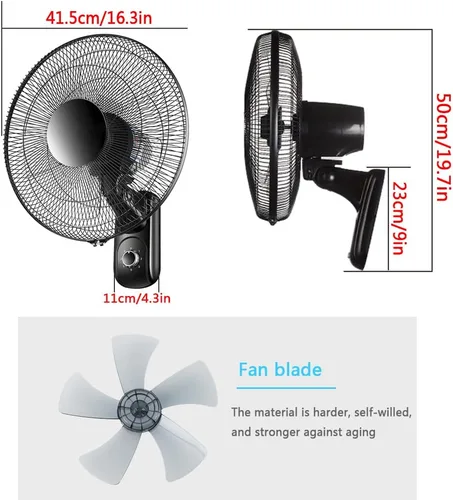 Miniatura 2 de Ventilador de Pared para Habitación De Niños, 60 W, Color Negro, 3 Velocidades, para El Hogar, El Dormitorio Y La Oficina, Negro-16.3 pulgadas