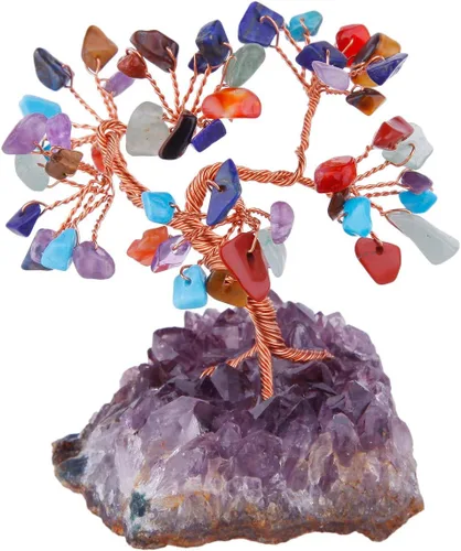 mookaitedecor Árbol de cristal colorido, base de cristales de racimo de amatista, árbol de dinero bonsái para riqueza y suerte #1-Púrpura