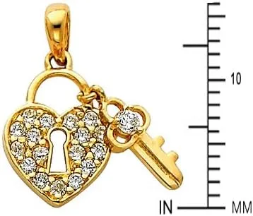 Miniatura 2 de Colgante de oro amarillo de 14 quilates con colgante de corazón y llave, Metal, Circonita Cúbica