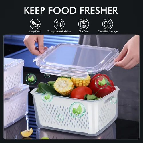 Miniatura 3 de HOTEC Paquete de 4 recipientes grandes de almacenamiento de frutas para refrigerador a prueba de fugas con colador extraíble, sin BPA, apto
