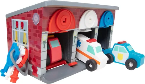 Melissa & Doug Llaves de juguete y coches Vehículos de rescate de madera y garaje (7 piezas) Juguetes de tracción para niños pequeños, garaje de