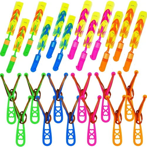 Miniatura 6 de JX Rocket Slingshot - Juguetes voladores con luces LED, 12 helicópteros de flecha LED + 12 lanzadores, juego de verano al aire libre, juguete