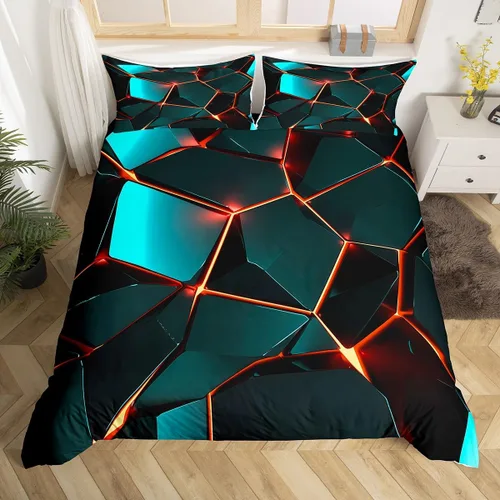 Miniatura 17 de Funda de edredón hexagonal verde estereoscópica de nido de abeja para niños, diseño geométrico de colmena, funda de edredón geométrica de panal