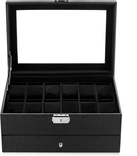 Miniatura 7 de Oyydecor Caja de reloj con 12 ranuras, organizador de relojes, organizador de joyas con cajón de joyería para almacenamiento y exhibición