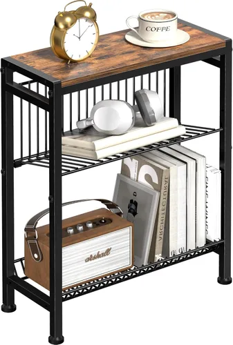 Miniatura 18 de Mesa auxiliar pequeña para espacios pequeños, mesa auxiliar estrecha de 3 niveles con portarevistas, mesita de noche delgada, mesa delgada para Gris