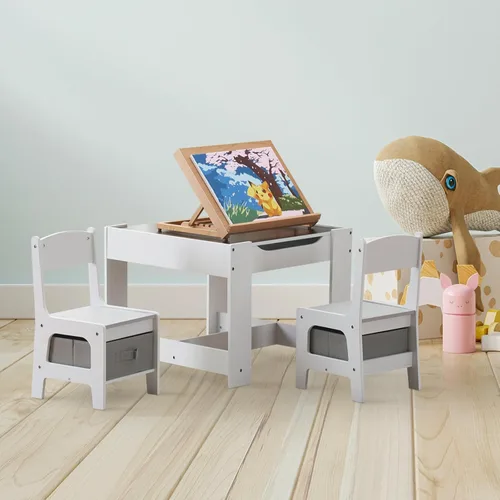 Miniatura 8 de Karl home Juego de mesa y silla 3 en 1, mesa de actividades con almacenamiento, silla de escritorio de madera para niños de 1 a 3 años, mesa