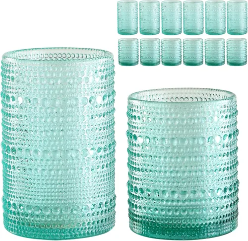 Miniatura 22 de ZMOWIPDL Juego de vasos de vidrio vintage de 6 vasos de vidrio de hobnail de 15 onzas, vaso de agua azul en relieve, para cerveza, cóctel, whisky