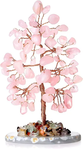 Miniatura 9 de DUQGUHO Árbol de cristal de cuarzo rosa, decoración rosa de cristal curativo, decoración de árbol de piedra preciosa de reiki de la suerte, regalos