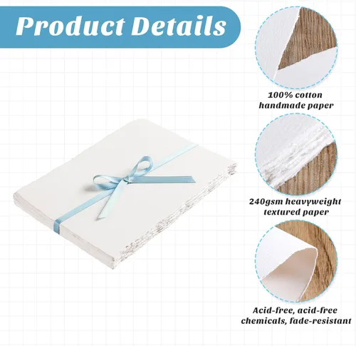 Miniatura 3 de 25 hojas de papel texturizado, papel de acuarela de 5 x 7 pulgadas, 240 GSM con borde deckled, papel blanco hecho a mano para acuarelas, tarjetas