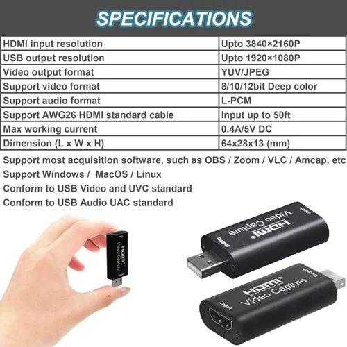 Miniatura 5 de Tarjeta de Captura de Video 4K HDMI a USB 2.0 1080P Tarjeta de Enlace de Cámara Adaptador de Tarjeta de Captura de Juego Dispositivo de Grabación