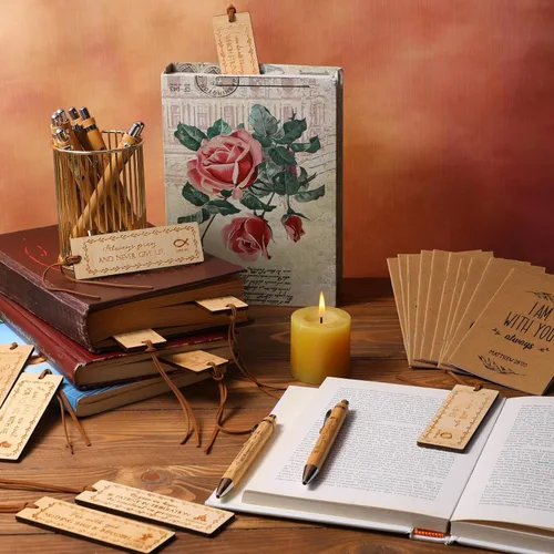Miniatura 5 de Fuutreo 90 unidades de regalos cristianos a granel con 30 versículos bíblicos, 30 bolígrafos de bambú y marcadores religiosos, bloc de notas