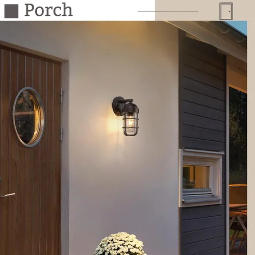 Miniatura 5 de Emliviar Lámpara de pared para exterior estilo casa de campo, lámpara de pared exterior clásica, jaula de metal industrial náutica con vidrio