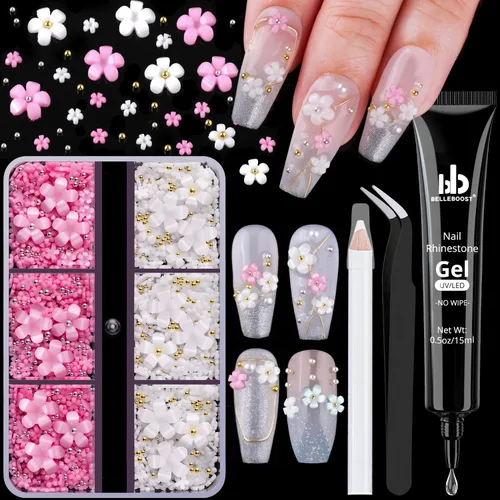 Miniatura 23 de Dijes para uñas 3D, kit de manicura con gel de pegamento de diamantes de imitación para uñas (curado UV), mariposa blanca rosa flor gemas AB 03-2
