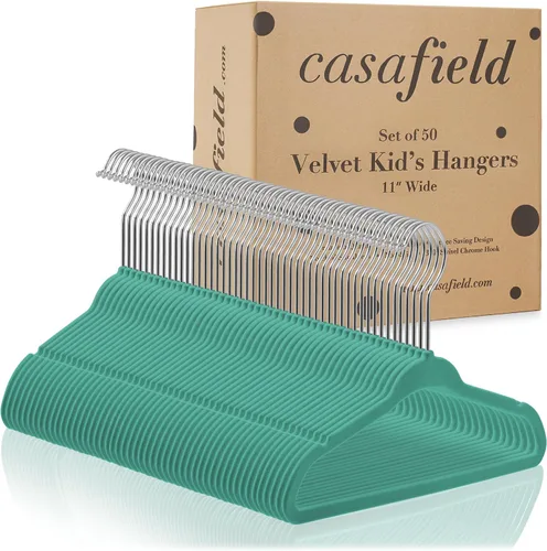 Miniatura 4 de Casafield 50 perchas de terciopelo para bebé, tamaño de 11 pulgadas para ropa de bebés y niños pequeños, color verde azulado