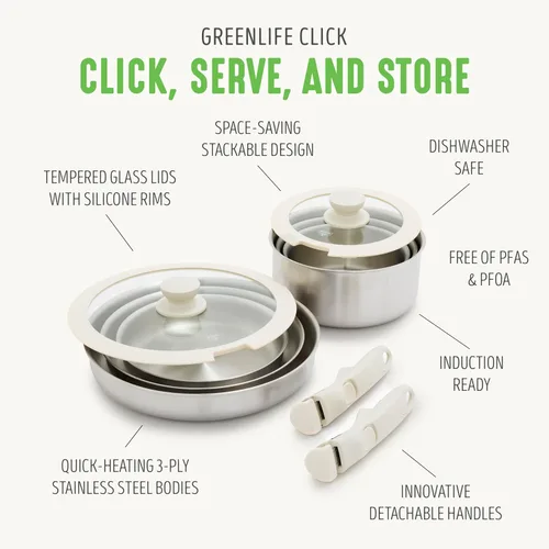 Miniatura 5 de GreenLife Ollas y sartenes de acero inoxidable de 10 piezas, juego de cocina desmontable y apilable, utensilios de cocina sin PFAS de tres capas