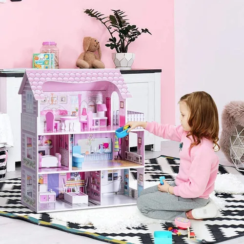 Miniatura 8 de Honey Joy Casa de muñecas de madera de 3 niveles con 8 muebles, casa de muñecas para niños, juego de princesa mini, regalo para niñas pequeñas 2.5