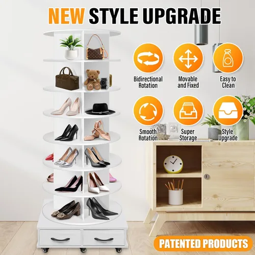 Miniatura 3 de Torre de estante giratorio para zapatos de 8 niveles contiene 2 cajones, Estante giratorio para zapatos Display Lazy Susan, Estantes giratorios