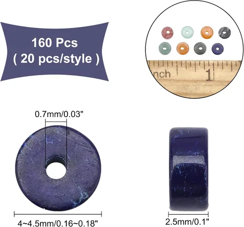 Miniatura 2 de NBEADS 160 cuentas Heishi de 8 estilos de piedras preciosas naturales, cuentas espaciadoras planas redondas de disco surtido, cuentas de roca de 160