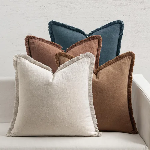 Miniatura 14 de MIULEE Juego de 4 fundas de almohada decorativas de lino neutro con flecos, fundas de almohada modernas y rústicas para cama, sofá, sala de estar