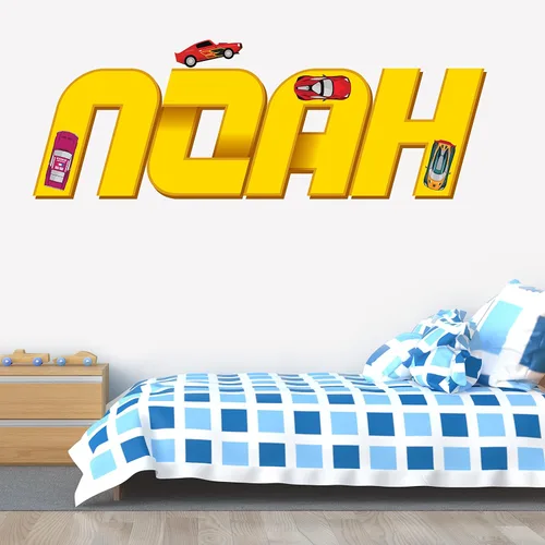 Miniatura 4 de Decoración de habitación de coches para niños, calcomanía de pared con nombre de bandera de carreras, arte de pared personalizado para niños, bebés