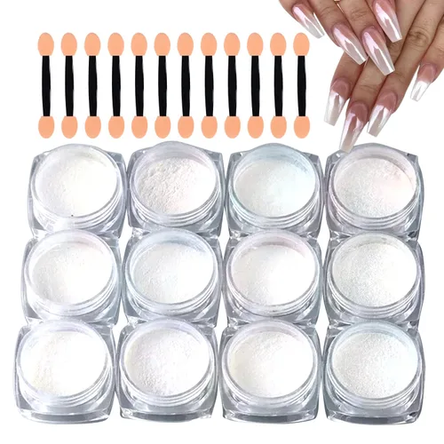 12 frascos de polvo de uñas cromado, perla blanca, holográfico, efecto degradado, polvo metálico aurora, polvo iridiscente perlado, polvo de