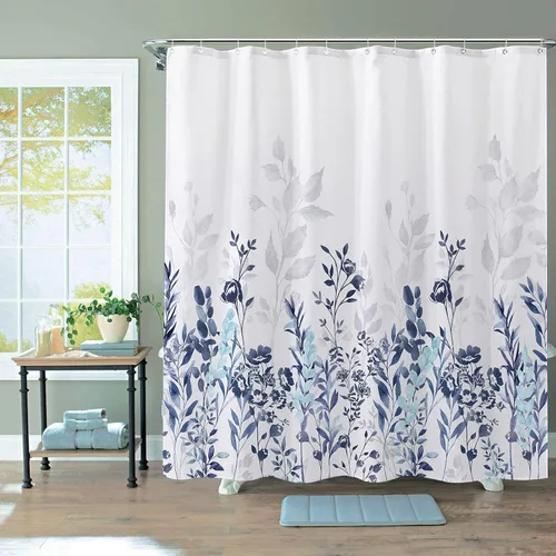 Miniatura 2 de Neasow Cortina de ducha azul y gris, cortina de baño floral de acuarela verde azulado y blanco, 72 x 72 pulgadas