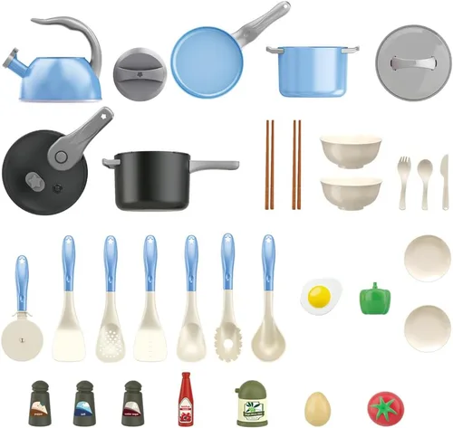 Miniatura 9 de Bruvoalon Juego de 32 juguetes de cocina para niños, accesorios de cocina con ollas, sartenes, utensilios de cocina, alimentos, verduras enlatadas