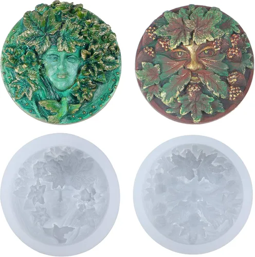 Greenman and Greenwoman - Juego de moldes de silicona para escultura de placa para decoración de pasteles de fondant, resina epoxi, fundición de