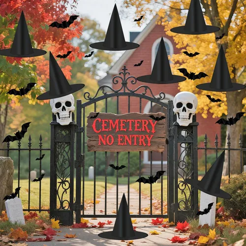 Miniatura 7 de Tepoobea Decoraciones de Halloween, sombreros de bruja negra, paquete de 8 sombreros de bruja colgantes y 32 piezas de murciélagos 3D, decoraciones