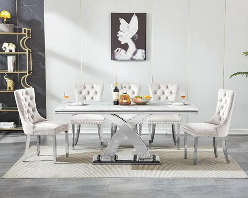 Miniatura 3 de Moderno juego de mesa de comedor de mármol sintético de 68.11 pulgadas para 6, mesa de comedor de mármol blanco y plateado con 6 sillas de Blanco