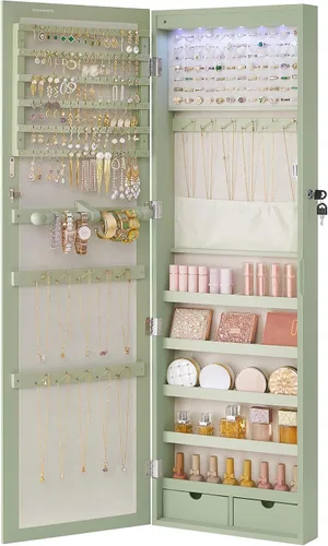 Miniatura 61 de Songmics - UJJC93W - Armario para joyas que se puede cerrar con llave, de montaje en pared o puerta, con espejo de 6 luces LED, para organización