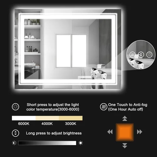 Miniatura 3 de Snowdool Espejo LED de baño, 32 x 32 pulgadas con luz frontal y retroiluminada, antivaho, espejo de tocador de baño para pared, función de memoria