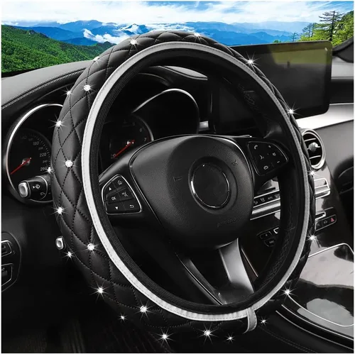 Miniatura 5 de Funda de volante de coche con brillo, 15" de cuero elástico antideslizante con strass de cristal, protector de volante para vehículos, accesorios
