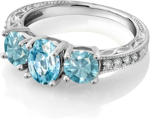 Miniatura 8 de Gem Stone King Anillo de compromiso de 3 piedras preciosas de oro blanco de 10 quilates con piedra natal y diamantes cultivados en laboratorio