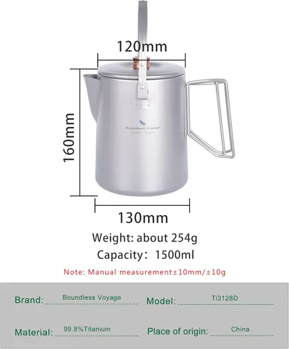 Miniatura 3 de Boundless Voyage Cafetera de titanio para camping, 1.5L, hervidor de barista para hacer café, agua hirviendo, viajes al aire libre, fogata, estufa