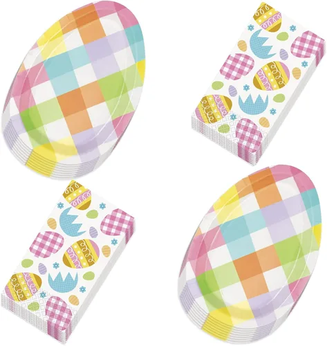 Miniatura 5 de Suministros para fiesta de Pascua, platos de postre de papel en forma de conejo amarillo huevo y servilletas en forma de huevo (sirve 16)