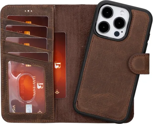 Miniatura 13 de Bayelon Funda tipo cartera para iPhone 15 Pro Max, de cuero de grano completo, cubierta abatible magnética desmontable, tarjetero, funda tipo Marrón