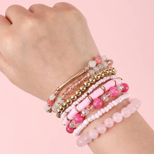 Miniatura 3 de IDEAJOY Pulseras rosas bohemias de cuentas de varias capas apilables, conjunto de 8 piezas de hebra elástica versátil con cuentas brillantes